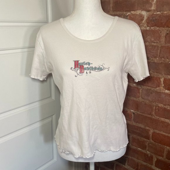Harley-Davidson Tops - Harley Davidson White Pink and Blue Sparkle and Jewel Short Sleeve Shirt